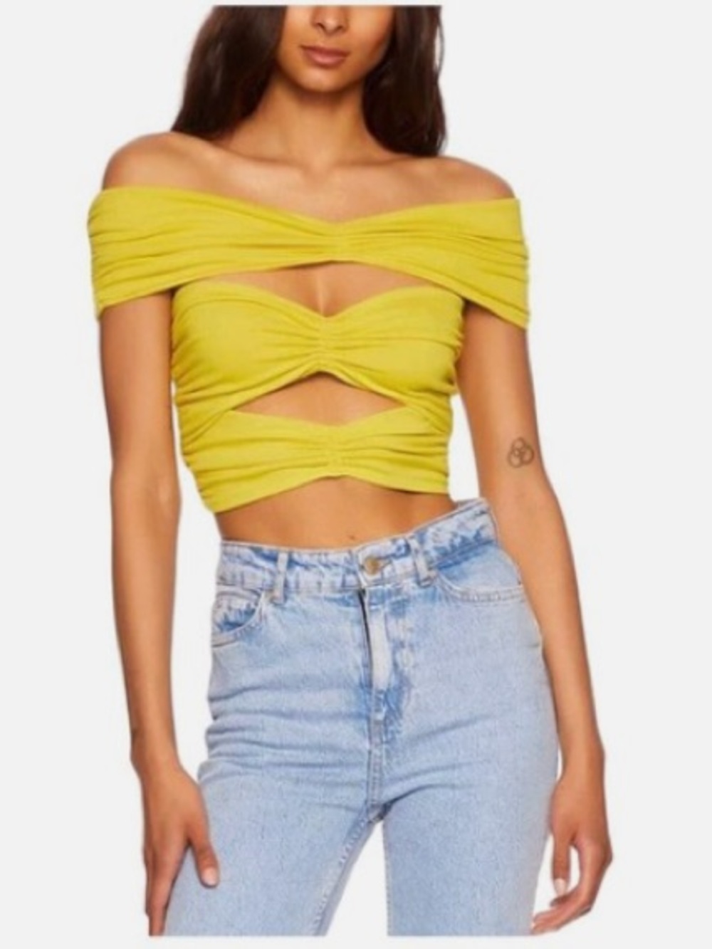 Susana Monaco Off-Shoulder Twist Cutout Crop Top - Yellow